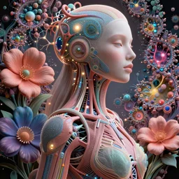 analogous achromatic monochromatic colors 3D render of a beautiful woman cyborg, 150 mm, flowers, Mandelbrot fractal, anatomical, flesh, mesh structure, hyperrealistic, ultra detailed, neural network with neurosynapsis glowing, microscopic, elegant, highly detailed, flesh ornate, high fashion, rim light, octane render in the style of H.R. Giger and Man Ray