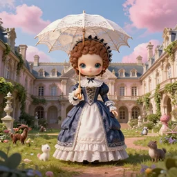 A full-body portrait of a dollfie with an oversized head wearing victorian clothes and holding a lace parasol in an overgrown baroque palace courtyard, skies with pink fluffy clouds, small forest creatures. artwork by mark Ryden and Jasmine Becket-Griffith, 4k insane detail, pop surrealism