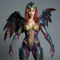 a portrait photograph of a young julia stiles as a colorful harpy super hero with mutated slimy wet scaled skin. she is trying on a amphibian creature suit and transforming into a slick alien beast. by tom bagshaw, donato giancola, hans holbein, walton ford, gaston bussiere, peter mohrbacher and brian froud. 8 k, cgsociety