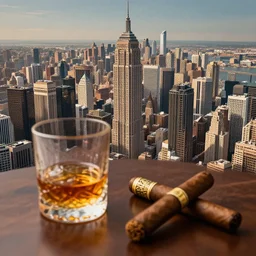 depiction of a highly detailed city through a lens placed on a table next to a whiskey glass and cigar