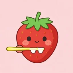 a cute strawberry with two front teeth, holding a yellow toothbrush, in the style of chiho aoshima