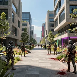 post apocalyptic city park, sunny, building, avenue, modern contemporary urban americana concrete architecture, paved roads, by thomas kinkade, pascal blanche, greg rutkowski, shaddy safadi, neil blevins trending on artstation, photorealistic, neon ambiance, ultra detailed, high definition, depth of field, bokeh, wild vegetation, blood stains, crumbling, post - apocalyptic warriors