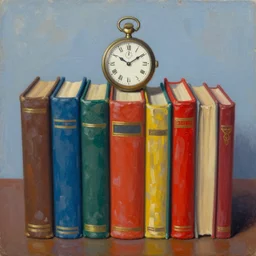 surreal artwork of a row of books with an old vitange watch on top of them, oil painting, conceptual art, vivid colours