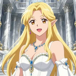 Worksafe. Dramatic, cinematic, epic. Fantasy, fairytale. Close-up heavenly gentle blonde elven magician fairy princess goddess queen,wearing white luxury bridal bra and jewelry, expressing joy, at huge silver marble palace. By krenz cushart, makoto shinkai and pixiv. Accurately shaped manga face. A very clean image. Bold contour inklines. High contrast and gentle colors.