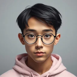 portrait image of a cute androgynous young man with black hair and circular glasses, clean shaven, light pink hoodie, trending on artstation, facial symmetry, deviantart, taken at an angle