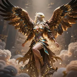 a beautiful powerful female goddess of eagles character, character is in all its glory, character is centered on the image, character is in her natural relaxed pose, rim lights, particles and dust in the air, fancy clouds, highly detailed professional photo, dynamic lights, particles are flying, depth of field, trending on artstation, illustration, hyper realistic, vray caustics, super detailed, colorful accents, cinematic shot