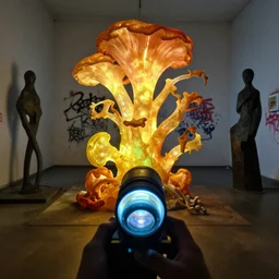 rhizomatic lifeform, super resolution microscopy, first person view, light mode, fluorescent lamp, rembrandt lighting, tremella fuciformis, diorama, abstract sculpture, graffiti elements, kiki smith
