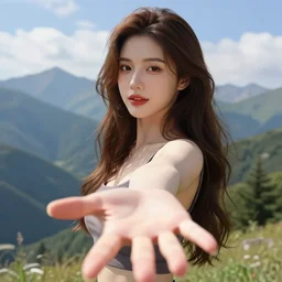 sexy girl, long brown hair, luscious lips, extending a hand towards you, scenic view, mountain landscape, artstyle : high definition anime and ilya kuvshinov