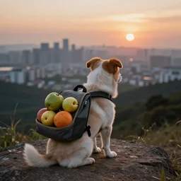 A puppy carrying fruit in a backpack, on the top of a hill, looking at the city in the distance, during a sunset, hyper-realistic