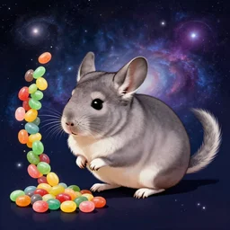 chinchilla with mean look in space with galaxy in background pooping rainbox jellybeans, rainbow jellybeans under chinchilla's tail