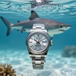 rolex datejust in the foreground submerged in transparent water, realistic photograph, shark in the background