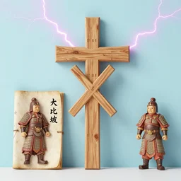 cross + checked wooden chinese warriors, wooden board, manuscript, chateau, nordic pastel colors, perfect lightning