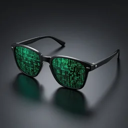3d render of sunglasses with matrix code reflection, high angle, black mate floor, ray tracing, octane render, unreal engine