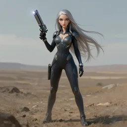 pleiadian woman with big eyes and long silver hair wearing a dark body suit and holding a plasma gun as a realistic sci fi character, portrait art by donato giancola and greg rutkowski, digital art, trending on artstation, standing in a barren field, full body, long silver hair