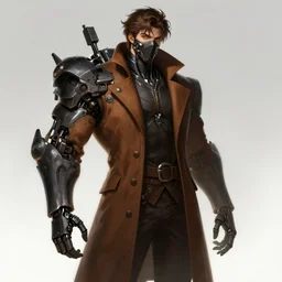 a highly detailed illustration of thick wavy brown haired young white guy wearing brown coat and face mask, black mechanical arms on his back, dramatic standing pose, intricate, elegant, highly detailed, centered, digital painting, artstation, concept art, smooth, sharp focus, league of legends concept art, WLOP