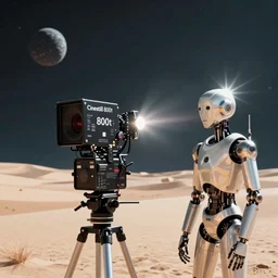 Cinestill 800t, 8K, 35mm,J.J Abrams flare; beautiful ultra realistic minimalistic syd mead in space(1950) film still desert scene, 2000s frontiers in retrofuturism fashion magazine September hyperrealism moebius edition, highly detailed, extreme closeup three-quarter scene, tilt shift LaGrange point orbit background, three point perspective, focus on two androids, sunflares;back to camera, soft lighting