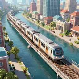 An urban train rides inside of a waterway on a fantasy city, next to a fountain and a mystical palace. By Konstantin Razumov, Fractal flame, chiaroscuro, highly detailded