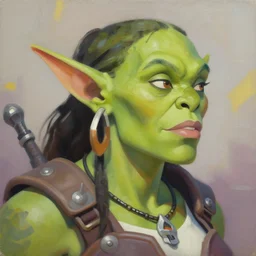 greg manchess close - up portrait painting of a pretty older female dieselpunk orc with olive green skin as an overwatch character, medium shot, asymmetrical, profile picture, organic painting, sunny day, matte painting, bold shapes, hard edges, street art, trending on artstation, by huang guangjian and gil elvgren and sachin teng