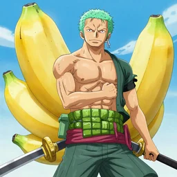 zoro from one piece using three giant bananas as swords, anime, full color
