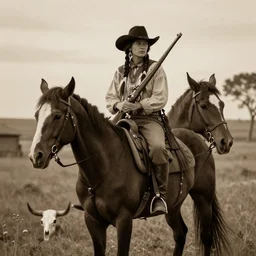indigenous girl on horseback with rifle. western / sepia / rustic / cow skull / cinematic - n 8