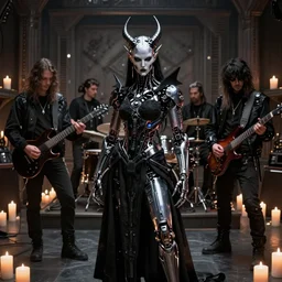 swedish cyberpunk black metal band, guitarists, bassist, drummer, vocalist, all black cyberpunk clothes, robotic prosthetic limbs, dermal implants, cyborg satan, futuristic, realistic, promo photograph, epk, in a room full of candles, high quality, highly detailed