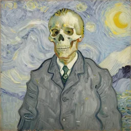 detailed expressionist oil painting portrait by van gogh of a skeleton in a suit, a tall formal skeleton in suit and tie, expressionist portrait, color scheme of greys and whites and yellows, 8 k resolution, smooth, sharp focus, matte painting