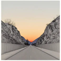 street going through mountains at sunset by dan mumford and peter doig and edward hopper, symmetrical, minimal, black ink, thin lines highly detailed, muted colours, masterpiece 8 k