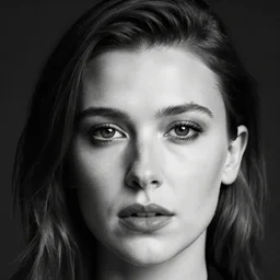 close up portrait of millie bobby brown by yoji shinkawa, black and white, high contrast