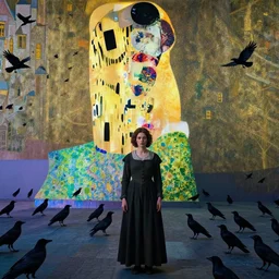 a woman in a medieval city, a lots of crows, hyperrealistic film still by edward hopper, by gottfried helnwein, by klimt, by paolo uccello, art nouveau, highly detailed, strong lights, liminal, eerie, bright pastel colors