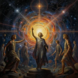 future students of Pythagoras, cosmic cataclysm, dynamic lighting, deus ex machina, matrix, cinematic, establishing shot, extremely high detail, photo realistic, cinematic lighting, oil painting, intricate line drawings