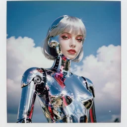 analog polaroid portrait of an attractive chrome female robot looking at the camera, beautiful, Hajime Sorayama, sheen, red reflections, unreal engine, azure sky, big clouds visible, sunlight, reflection, sparkles, lensflare, film grain, depth of field, color bleed