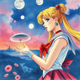 the sailor moon. beautiful, realistic painting by mucha and kuvshinov and bilibin and malevich. synthwave watercolor, thick lining, manga, soviet realism