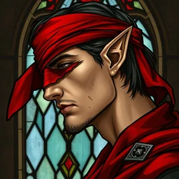 side - view portrait of iorveth, scoia'tael leader, red bandana covering one eye, covered eye, pointy elf ear, gothic stained glass window, very masterful