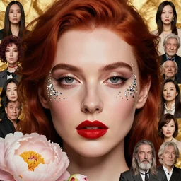Portrait of a European woman, black, close-up, high sharpness, zeiss lens, fashion photo shoot, peony flowers, red hair, red lipstick, in the background of gold, they have rhinestones on their face, Edward Buba, Annie Leibovitz and Steve McCurry, Leslie Zhang, David Lazar, Jimmy Nelsson, Eiko Hosoe, Zhong Lin, artistic, hyperrealistic, beautiful face, octane rendering