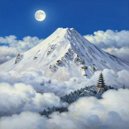a beautiful detailed painting of snow mountain, a traditional chinese tower, blue moon shining in sky by greg rutkowski and thomas kinkade, trending on artstation. by studio ghibli painting, clouds, wide angle, by joaquin sorolla rhads leyendecker, by ohara koson and thomas kinkade, traditional japanese colors, superior quality, masterpiece