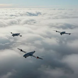 cinematic areal shot of three baykar drones flying through the clouds