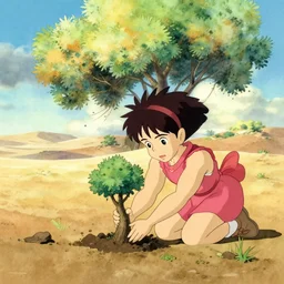 a wholesome animation key shot of nausicaa planting trees in the desert, studio ghibli, pixar and disney animation, sharp, disney concept art watercolor illustration by mandy jurgens and alphonse mucha and alena aenami, pastel color palette, bloom, dramatic lighting