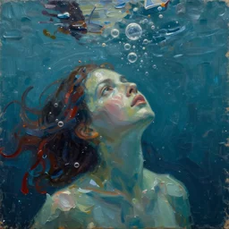 oil paint impasto, deep under water, looking up, air bubbles, multi layered thick brush marks, some splattered paint, in the style frank auerbach and redon