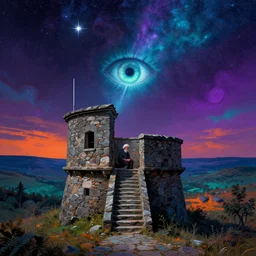 old man sitting alone in a stone watchtower overlooking a valley, stone steps, loneliness, night sky, polaris, the north star, the pole star, winking hideously like an insane watching eye, psychedelic art, orange, purple, cyan, 8 k, trending on artstation, artgerm, by hieronymus bosch, highly detailed, ultra detailed,