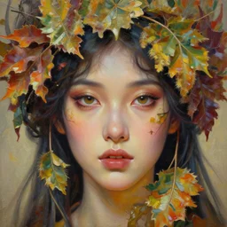 face closeup of beautiful girl in intricate detailed color oilpaint, 3 d render, hyper realistic detailed portrait, flocking color leaves, ornate leaves headpiece, elegant, intense colors, ruan jia, wlop. scifi, fantasy, hyper detailed, octane render, concept art, by peter mohrbacher, by alphonse mucha, by wlop, by ruan jia