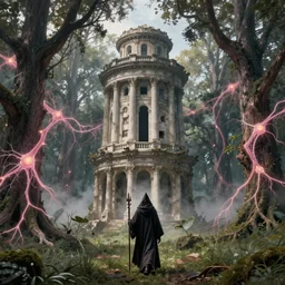 a monolithic neoclassical ruined tower and a detailed dark hooded wizard walking through an open field with his staff in a beautiful forest of ancient neurons and pink and yellow glowing synapses runnig through the forest, huge incredibly immense trees, highly detailed, hyperrealism, cgsociety, 8k, ancient forest, misty forest, realistic painting, sharp image, hyper realistic art, cinematic, art by konstantin razumov, chiaroscuro