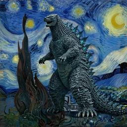 godzilla in new york, night, landscape by Vincent Van Gogh
