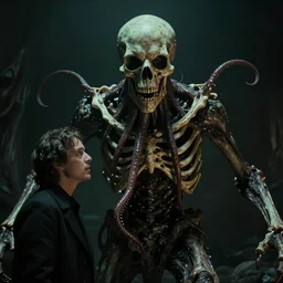 monster with bones protruding from its face, tentacles, cinematic lighting, horror movie, lovecraftian, cosmic horror, movie still, life action movie directed by david cronenberg and guillermo del toro