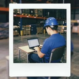 a polaroid photo of man using a laptop inside in warehouse, he sitting on chair and small table, he's wearing blue cloth and construction hat, photo from behind, highly details, perfect face shape, cinematic lighting,
