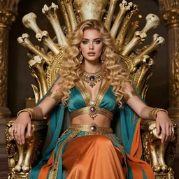 girl on bones throne, persian empire costume, blonde, curly hair, clean face, provocative make up, symmetrical, smooth skin, jewelry,, ecstasy, cute, fashion editorial photography, hyperrealistic, from vogue magazine, ultra realistic, artgerm, reflections, gold intricate, 5 0 mm lens, icm, teal and orange