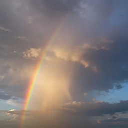 a photo of a supercell thunderstorm, rainbow hue, illuminated from various angles by the setting sun, cinematic, mystic hue clouds, breathtaking clouds