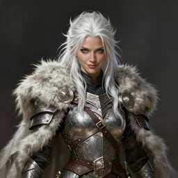 portrait of a gorgeous female barbarian with white hair, pale blue eyes, looking at camera, D&D, fur cape, plated armor, long wild spiky hair, intricate, elegant, stylish, cocky smirk, fantasy, extremely detailed, digital painting, artstation, concept art, smooth, sharp focus, illustration, stunning lighting, art by artgerm and greg rutkowski and alphonse mucha and simon stalenhag, fully clothed, fully dressed