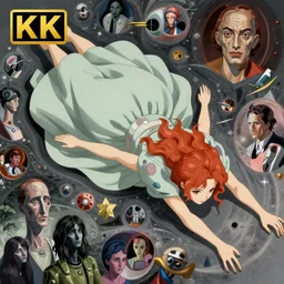 a redhead woman in futuristic dress falls into a dream within a dream within a dream within a dream within a dream, h. r. giger, junji ito, alex grey, salvador dali, fractal, surreal art, semi realistic anime, studio ghibli, makoto shinkai, award winning illustration, masterpiece, trending on pixiv, 8 k