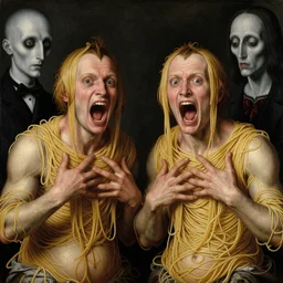 siamese twins made of spaghetti, looking straight into camera, screaming in agony, 1 9 4 0 s, by giuseppe arcimboldo and ambrosius benson, renaissance, intricate and intense oil paint, a touch of beksinski and hr giger and edward munch, realistic