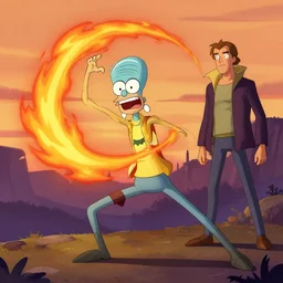 squidward firebending outside at susnset, art by jean giraud and artgerm and greg rutkowski